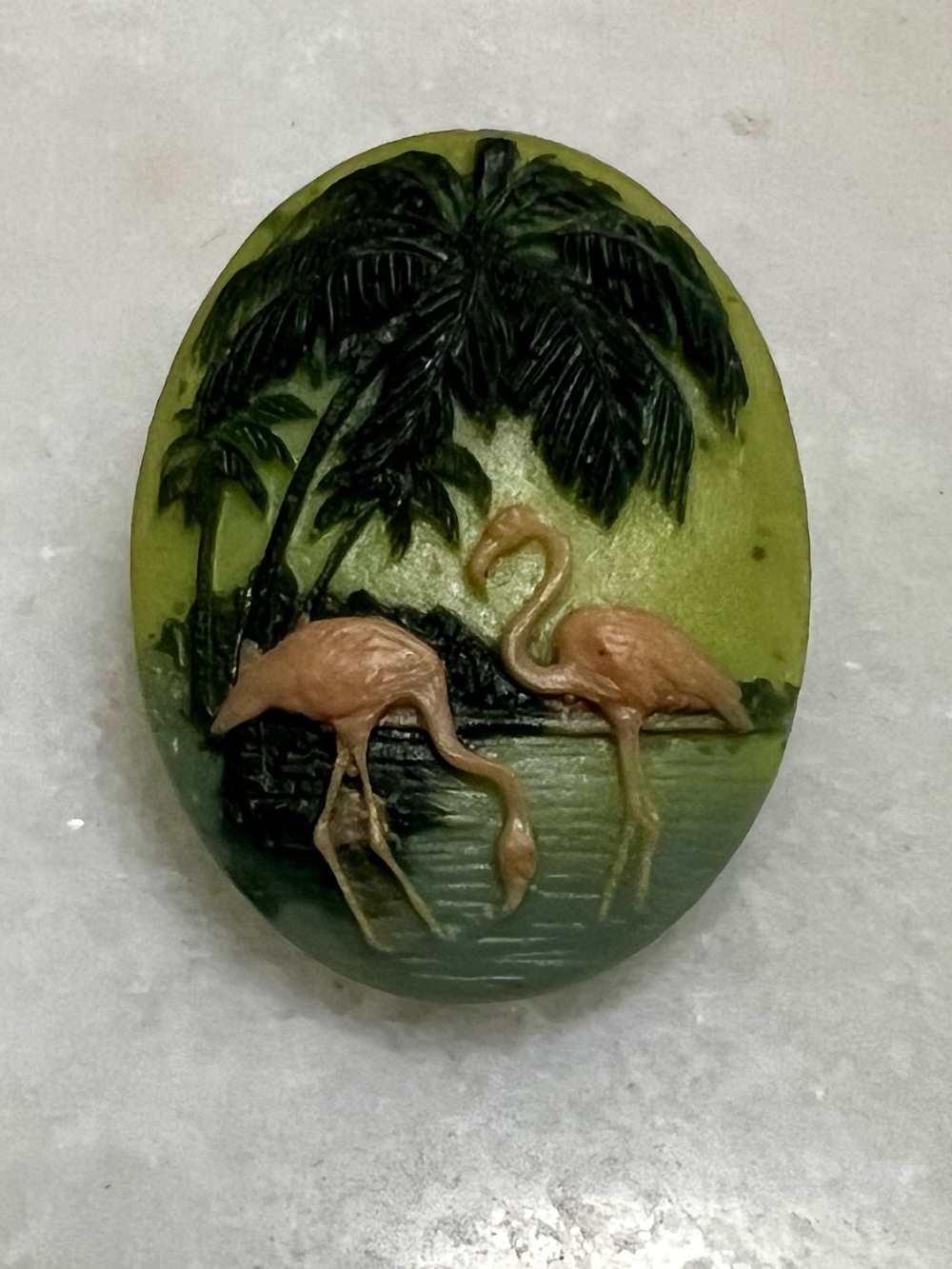Vintage Carved 2 Pink Flamingo Palm Trees Cameo Brooch Pin Blue Lake